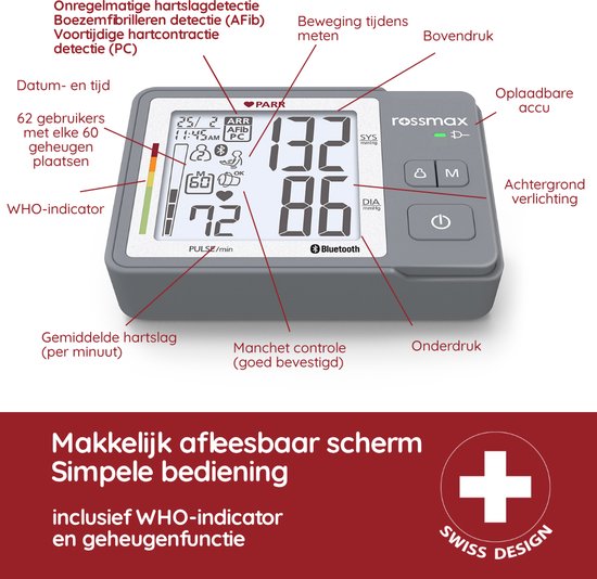 Rossmax Z5 bloeddrukmeter - bovenarm bluetooth - hartstichting gevalideerd - AFib detectie