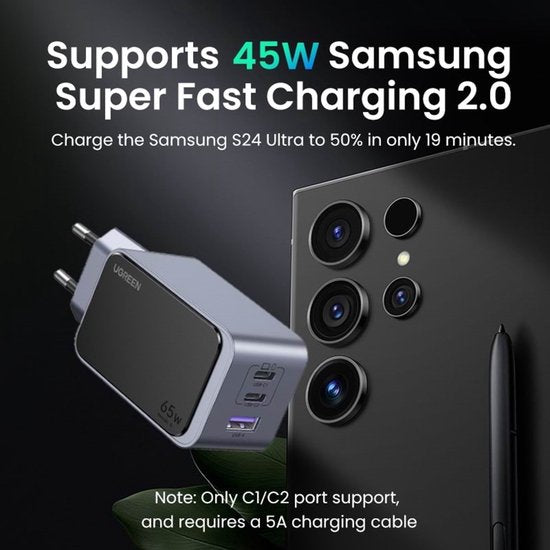 UGREEN Nexode Air Charger - USB/USB-C PD Fast Charger 65W GaN - Grey
