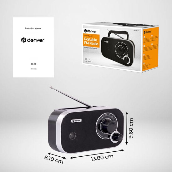 Denver TR51 FM Radio - Retro Portable Battery/Mains Powered - Black