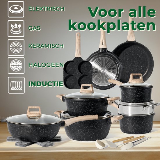 Just Perfecto pannenset 21-delig - inductie gas PFAS vrij koudgrepen - Zwart