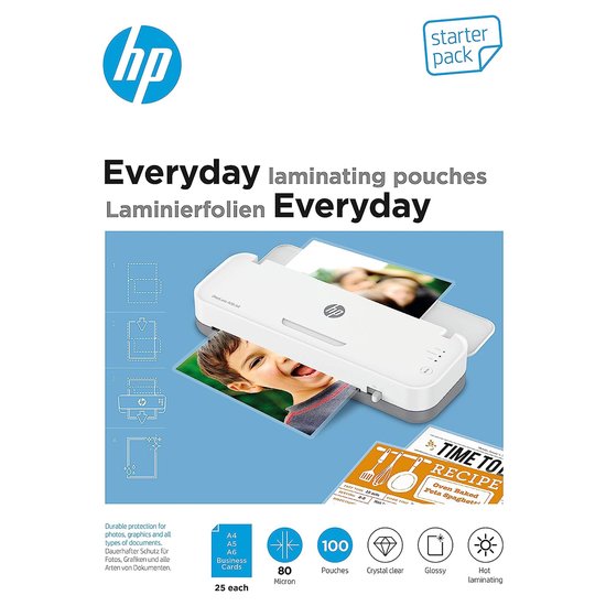 HP laminating pouches starter set - thermal laminating A4/A5/A6/business cards - transparent 80 micron - 100 pieces