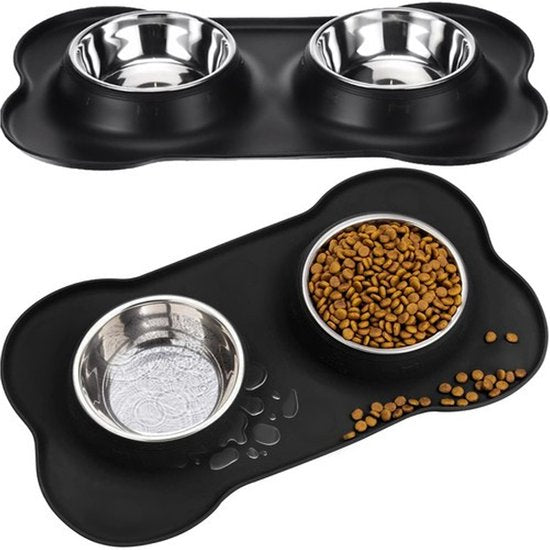 Purlov Pet Food Bowl - Double Stainless Steel & Silicone - 2x 450 ml