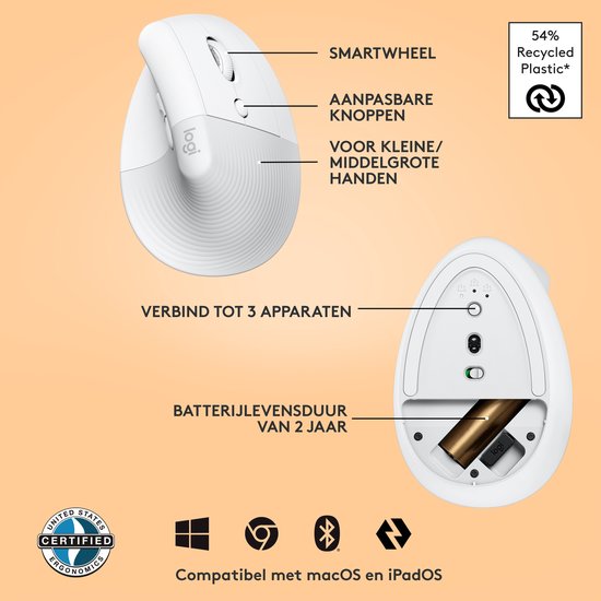 Logitech Lift Mouse - Vertical Ergonomic Right-Handed - White