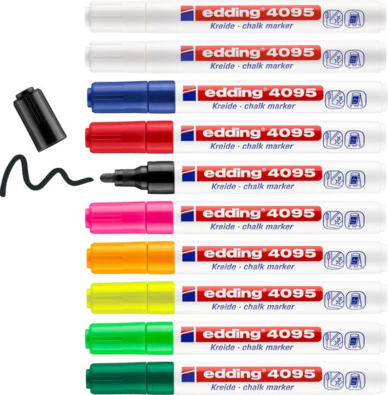 Edding 4095 Chalk Markers - Washable Round Nib 2-3 mm - 9 Colors - 10 Pieces