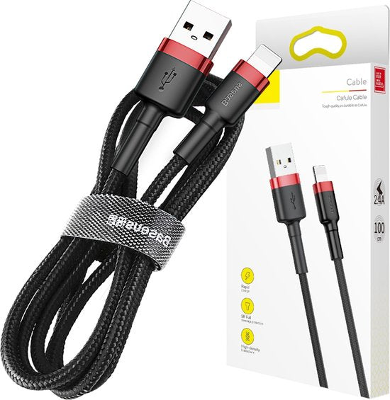Baseus - Universele USB naar Lightning kabel - Geschikt voor o.a. Apple/iPhone en andere apparaten - 1 Meter - 2.5A - Zwart/Rood