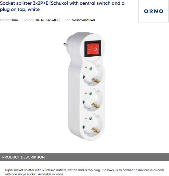 Orno doorvoerstekker - 3 stopcontacten aan/uit knop - wit