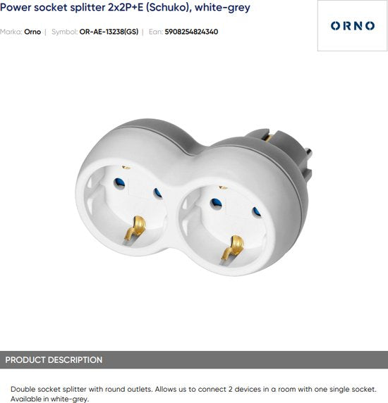 Orno doorvoerstekker - 2 stopcontacten max 3680 watt - Wit