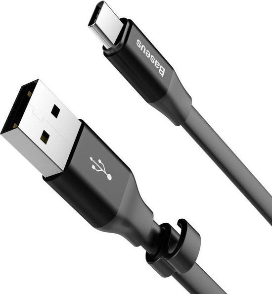 Baseus Korte Platte USB-C Kabel 23cm Zwart – USB-A naar USB-C – Oplaad- en Data Kabel 2A – Anti-Knoop - Compact - Ideaal voor Powerbanks - Zwart