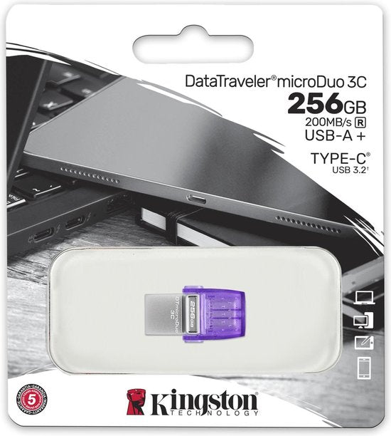 Kingston DataTraveler microDuo 3C USB-stick - 256 GB - USB-A 3.2 Gen 1 en USB-C - Violet