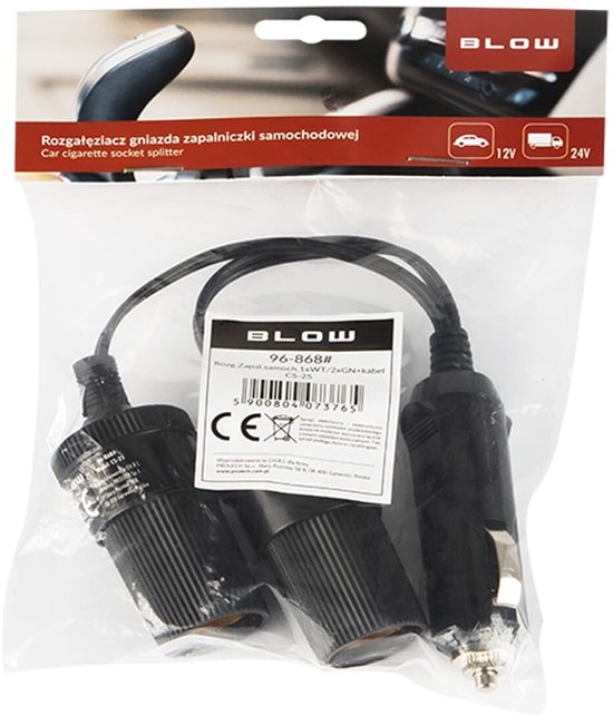 Blow auto sigarettenaansteker splitter - 1× plug naar 2× socket - CS-25 kabel - 12V/24V 10A