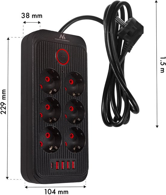 Maclean MCE389 B stekkerdoos - 6-polig + 4×USB - 1,5 m - Zwart