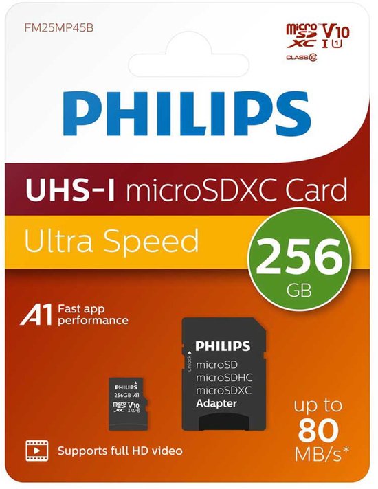 Philips micro SDXC memory card - 256 GB class 10 UHS-I U1 - including adapter