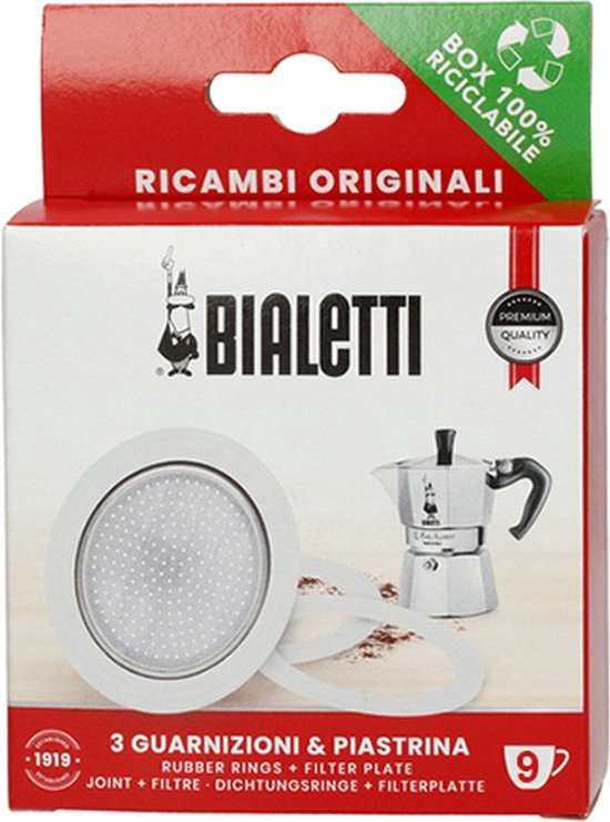 Bialetti Moka Express onderdelen set - filterplaatje en 3 ringen - 9 kops