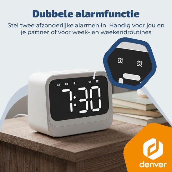 Denver digitale wekker EC54W - bluetooth speaker - dual alarm - LCD display - Wit