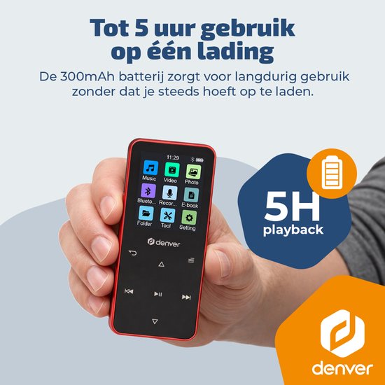 Denver MP3/MP4-speler - MP1830R - bluetooth - shuffle/repeat - SD-kaart tot 128 GB - incl. oordopjes - dictafoon - Rood