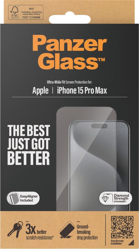 PanzerGlass screenprotector - iPhone 15 Pro Max - Ultra-Wide Fit - installatie frame - Zwart