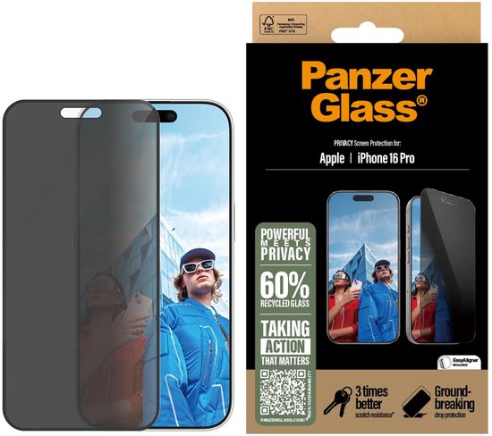 PanzerGlass Ultra-Wide screenprotector - iPhone 16 Pro - case friendly - antibacterieel - privacy glass - met EasyAligner