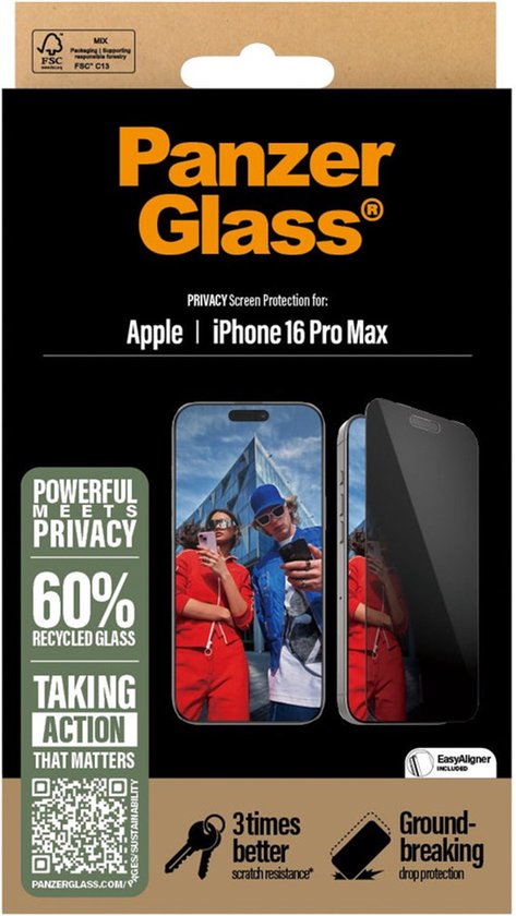 PanzerGlass iPhone 16 Pro Max screenprotector - Ultra-Wide Fit Privacy case friendly - Zwart