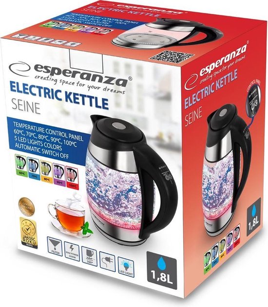 Esperanza EKK026 waterkoker - glas LED verlichting 1,7 liter - instelbare temperatuur