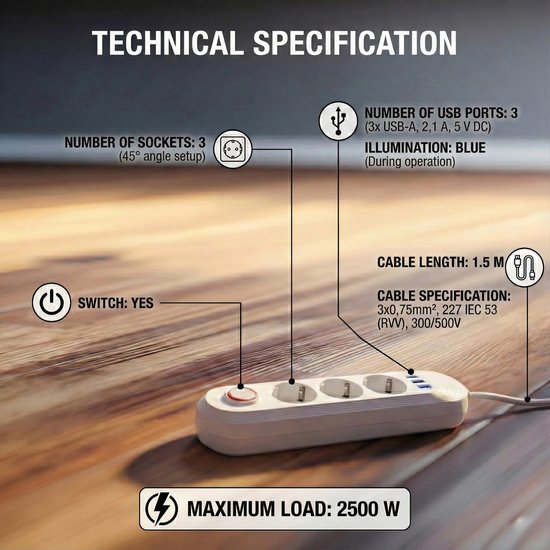 Maclean stekkerdoos - verlengkabel 1,5 m - 3 stopcontacten + 3× USB - max. 2500 watt - Wit