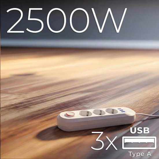 Maclean stekkerdoos - verlengkabel 1,5 m - 3 stopcontacten + 3× USB - max. 2500 watt - Wit