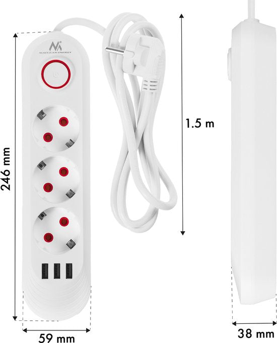 Maclean stekkerdoos - verlengkabel 1,5 m - 3 stopcontacten + 3× USB - max. 2500 watt - Wit