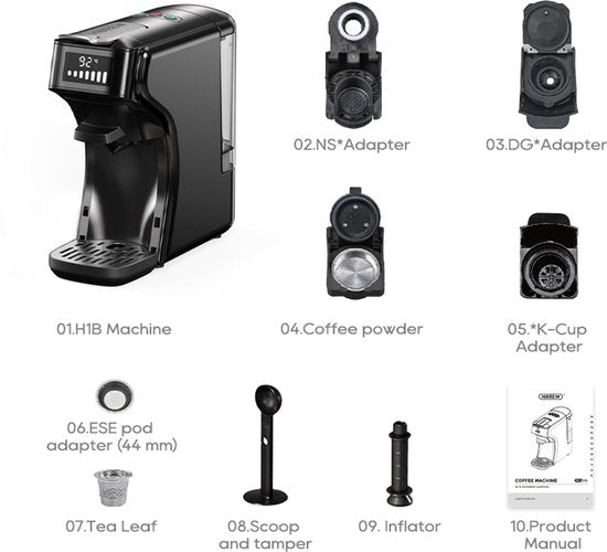 HiBREW H1B koffiezetapparaat - 6-in-1 pads - 19 bar drukextractie - watertank 600 ml - koud/warm-modus - LED-indicator - EU-stekker - Zwart