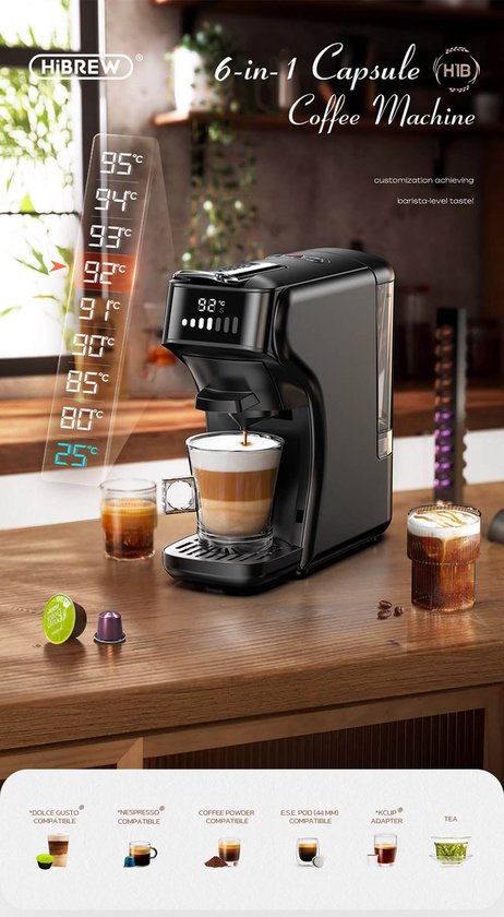 HiBREW H1B koffiezetapparaat - 6-in-1 pads - 19 bar drukextractie - watertank 600 ml - koud/warm-modus - LED-indicator - EU-stekker - Zwart