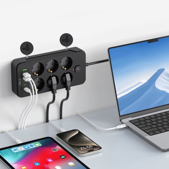 Tech-Protect stekkerdoos - 6 stopcontacten 3 USB-C 3 USB-A schakelaar - Zwart