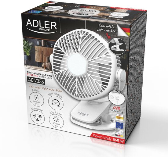 Adler AD 7335 ventilator - draagbaar met klem en LED-verlichting - 3 snelheden - oplaadbaar via USB - 6 watt - Wit