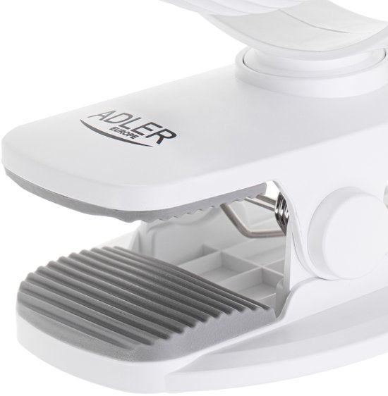 Adler AD 7335 ventilator - draagbaar met klem en LED-verlichting - 3 snelheden - oplaadbaar via USB - 6 watt - Wit
