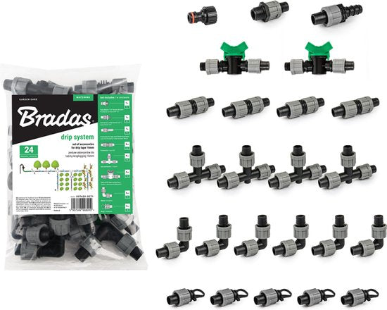 Bradas accessoireset druppelslang - set van 24 - 16 mm - koppelstukken eindkappen en aansluitstukken - voor tuinirrigatie