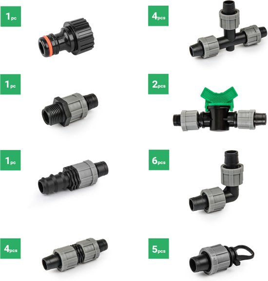 Bradas accessoireset druppelslang - set van 24 - 16 mm - koppelstukken eindkappen en aansluitstukken - voor tuinirrigatie