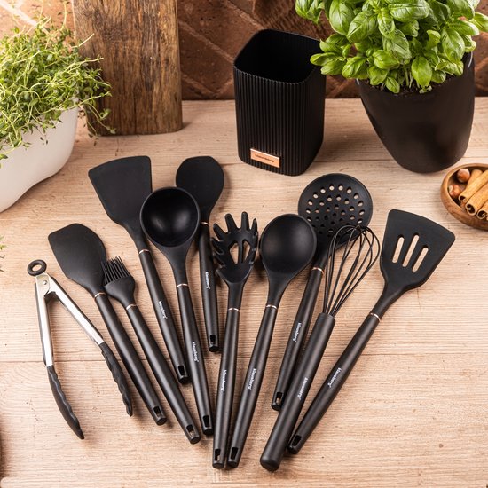 Klausberg kitchen utensils set of 12 - silicone with stand - heat resistant up to 220 °C - Black