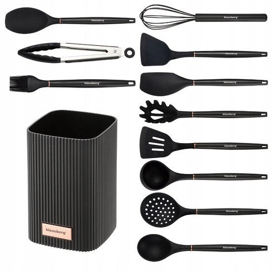 Klausberg kitchen utensils set of 12 - silicone with stand - heat resistant up to 220 °C - Black