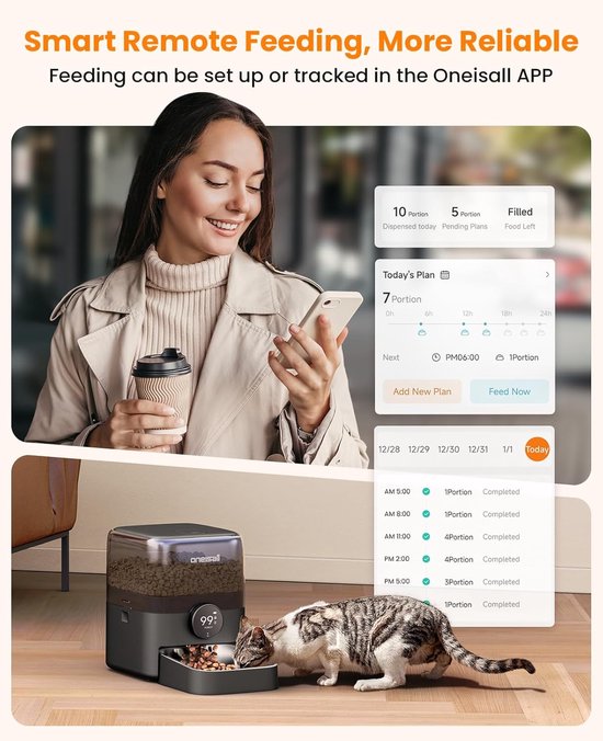 Oneisall voerautomaat PF06 - automatisch met app en WiFi - 3 liter reservoir - draadloos - voor kat en hond
