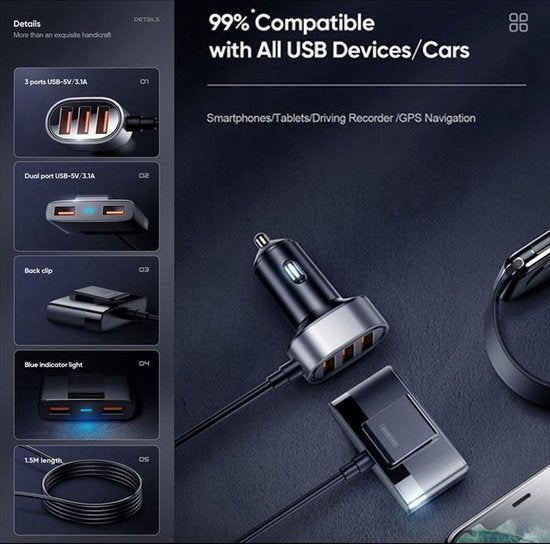 Auto-oplader - 5 USB 3.0 poorten snellader 1,5m kabel - Zwart