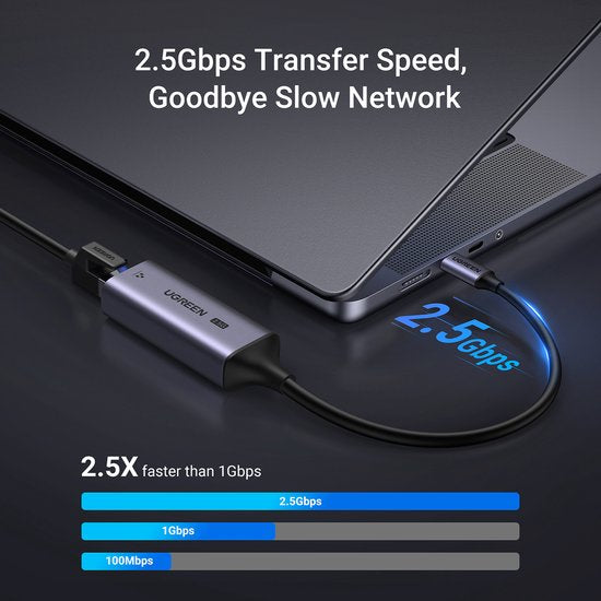 Ugreen CM648 ethernet adapter - USB-C naar RJ45 - 2,5 Gb/s - aluminium