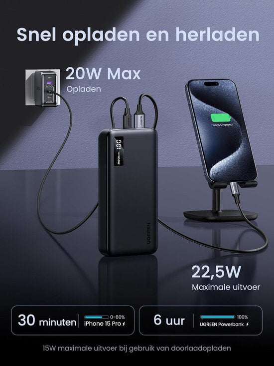 Ugreen PB312 powerbank - 20000 mAh - PD 20 w - Zwart