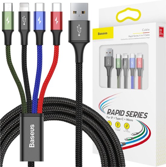 Baseus USB kabel - 4-in-1 Lightning/2x USB-C/micro USB - nylon vlecht 3,5A 1,2 m - Zwart