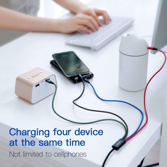 Baseus USB kabel - 4-in-1 Lightning/2x USB-C/micro USB - nylon vlecht 3,5A 1,2 m - Zwart