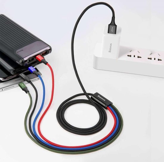 Baseus USB kabel - 4-in-1 Lightning/2x USB-C/micro USB - nylon vlecht 3,5A 1,2 m - Zwart