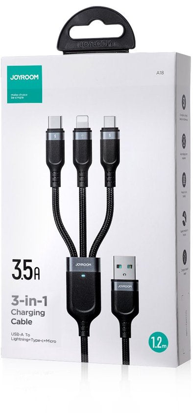 Joyroom kabel 3-in-1 - USB-A naar Lightning en USB-C en Micro-USB - 3,5 A - 1,2 m - Zwart