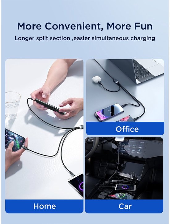 Joyroom kabel 3-in-1 - USB-A naar Lightning en USB-C en Micro-USB - 3,5 A - 1,2 m - Zwart