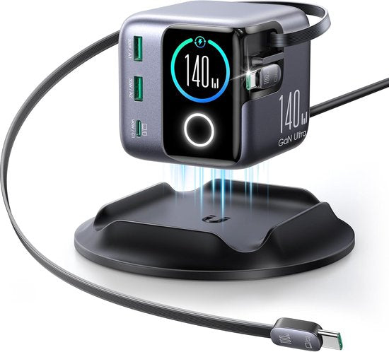 Joyroom oplader 140W - snellader met 2× uittrekbare USB-C kabel 100W - LCD display - geschikt voor laptop, tablet en telefoon