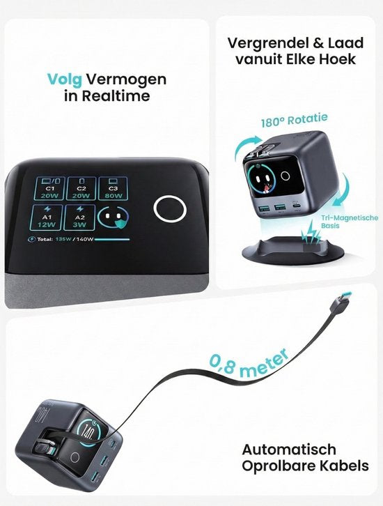 Joyroom oplader 140W - snellader met 2× uittrekbare USB-C kabel 100W - LCD display - geschikt voor laptop, tablet en telefoon