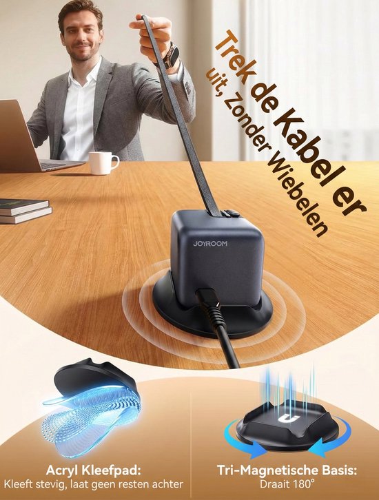Joyroom oplader 140W - snellader met 2× uittrekbare USB-C kabel 100W - LCD display - geschikt voor laptop, tablet en telefoon