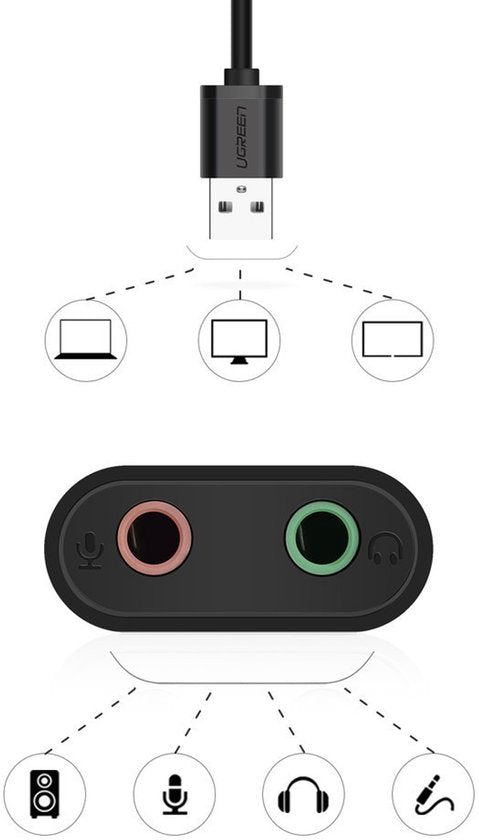 Externe geluidskaart - USB naar 3,5 mm mini-jack - kabel 15 cm - Zwart