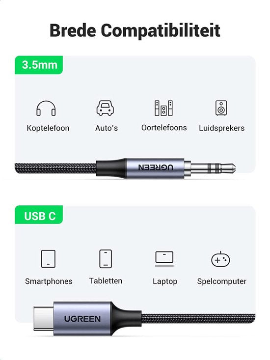 Ugreen stereo audiokabel - USB-C naar 3,5 mm AUX mini-jack - geschikt voor telefoon en tablet - 1 meter - Zwart
