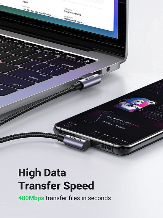 Ugreen USB naar USB-C kabel - haaks - Quick Charge 3.0 - 3 A - 1 meter - Grijs